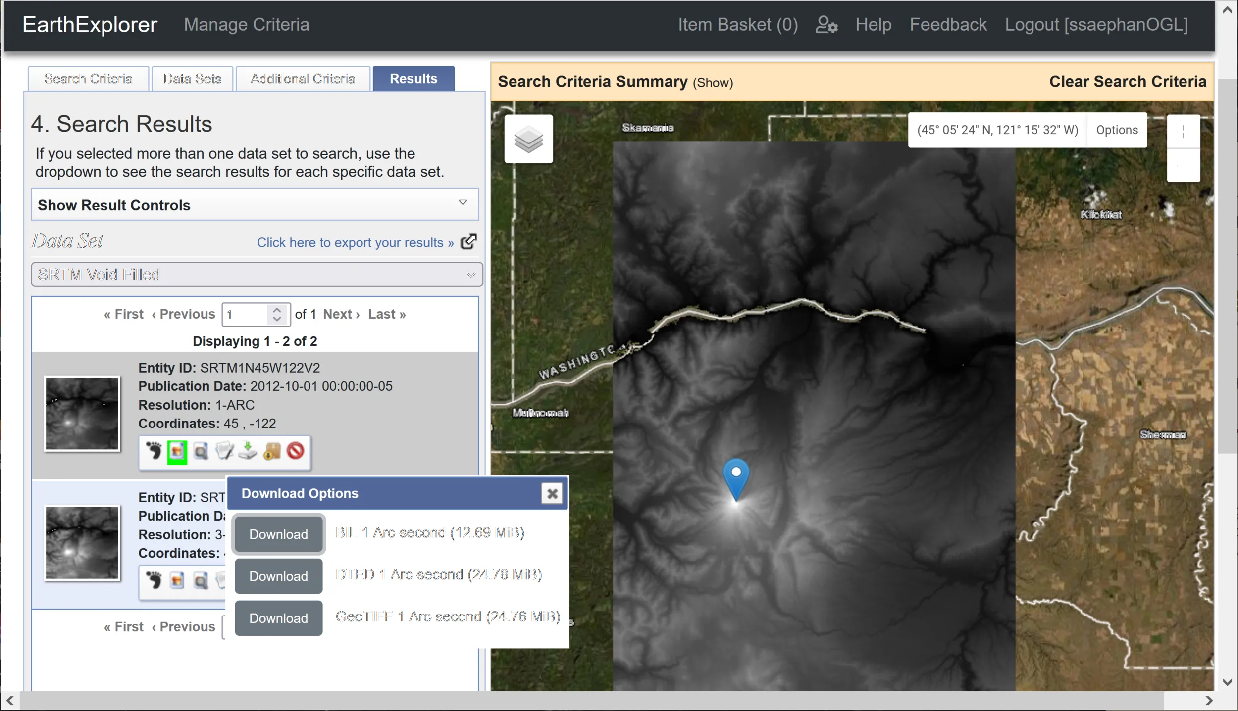 USGS Earth Explorer SRTM download